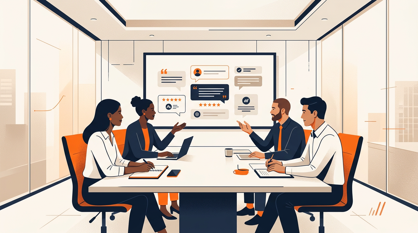 A professional B2B sales team reviewing customer testimonials on a large screen in a modern conference room, clean minimalist office environment with warm lighting