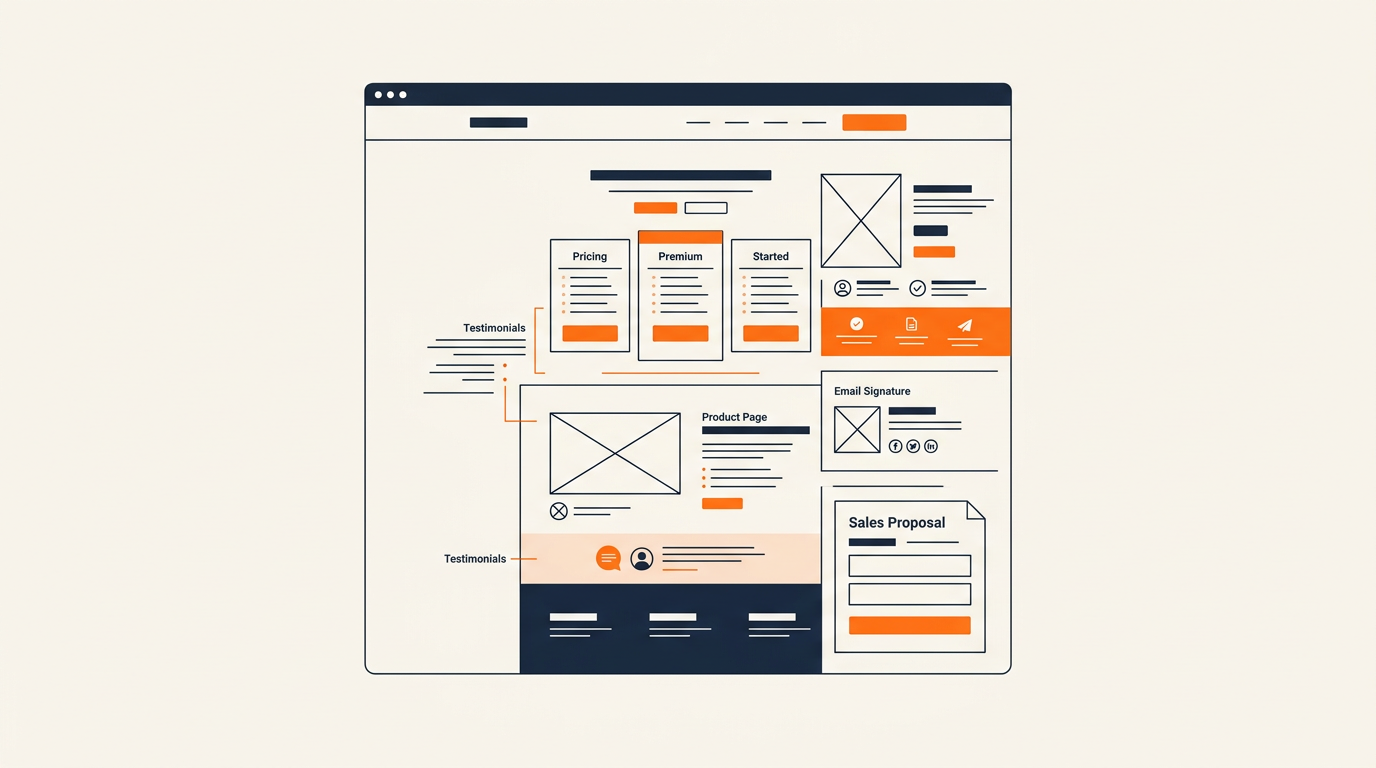 A wireframe-style website layout highlighting optimal testimonial placement zones