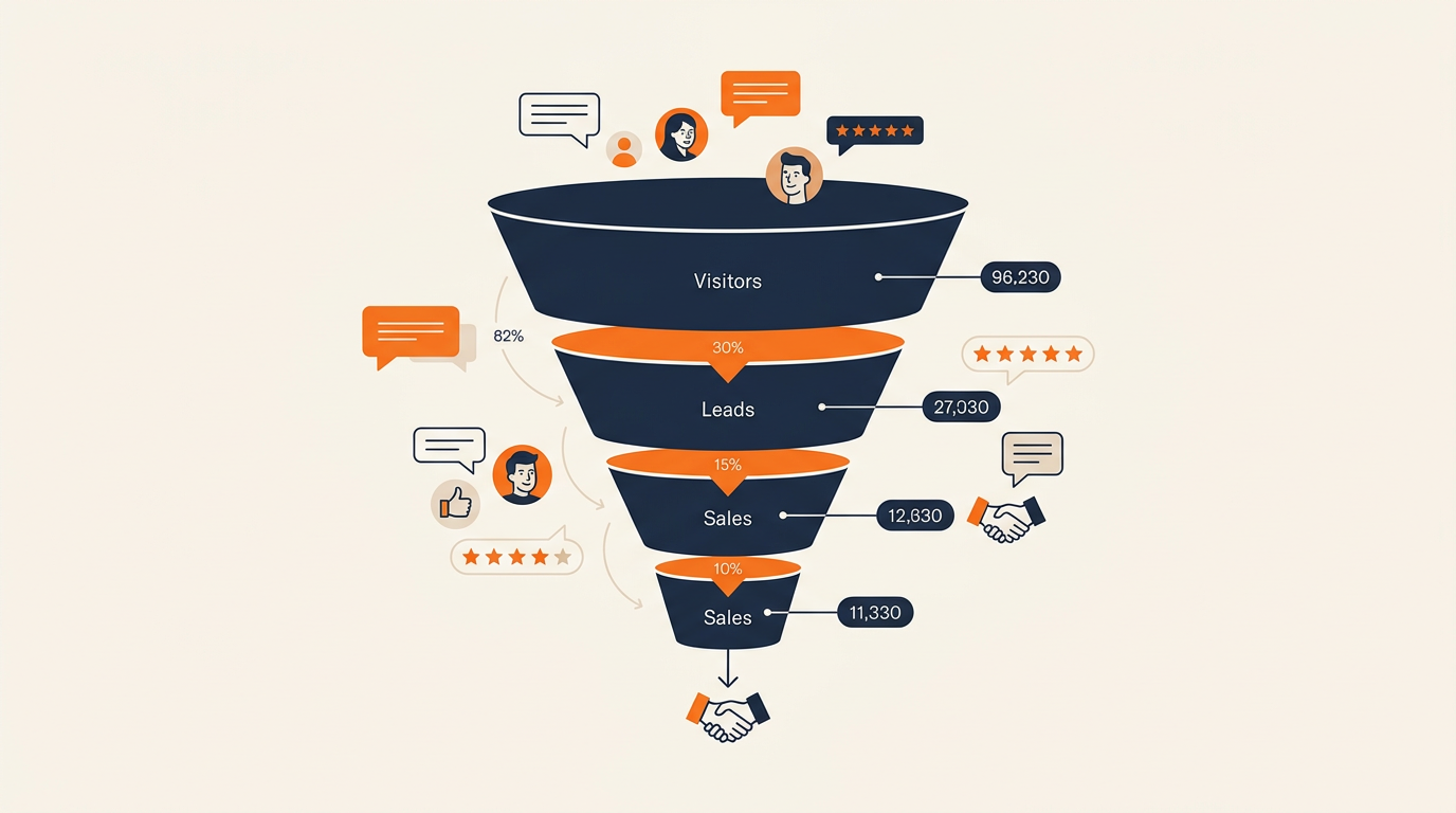 A clean conversion funnel visualization showing website visitors narrowing down to leads and then sales, with percentage labels at each stage, rendered in an elegant editorial style with cream background and navy funnel segments accented with orange