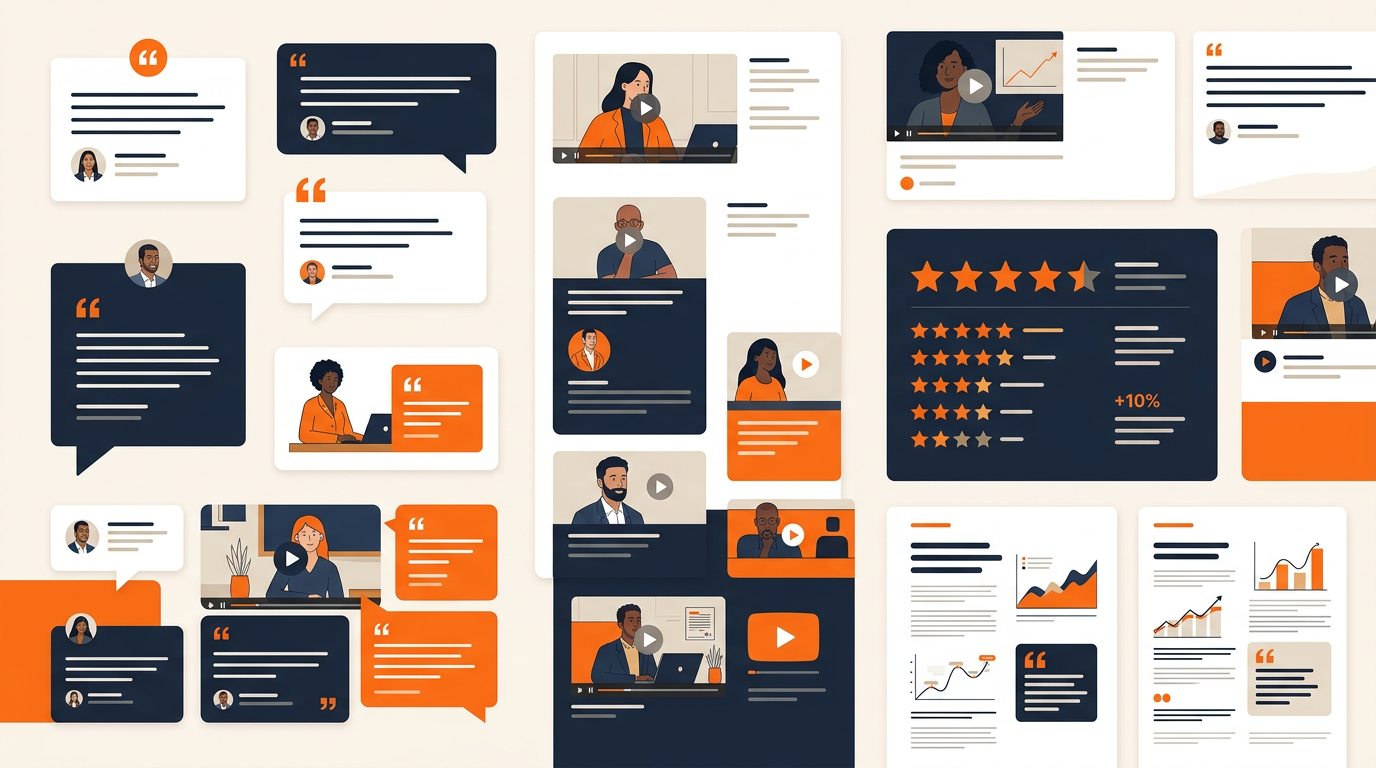 A curated collection of testimonial formats arranged in an editorial layout