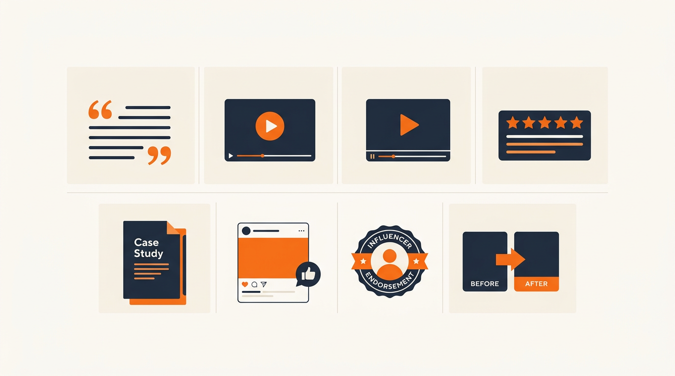 A clean grid showing seven distinct testimonial format icons
