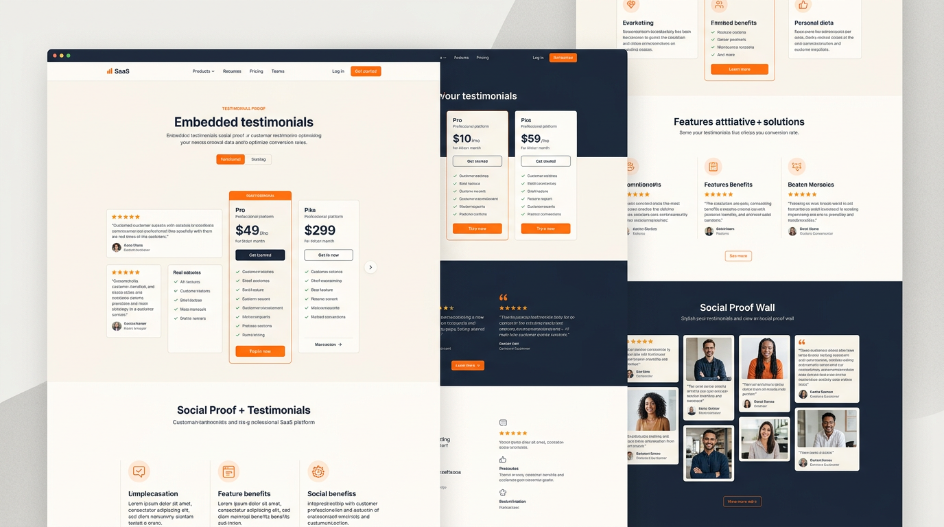 A modern website mockup showing strategic testimonial placement