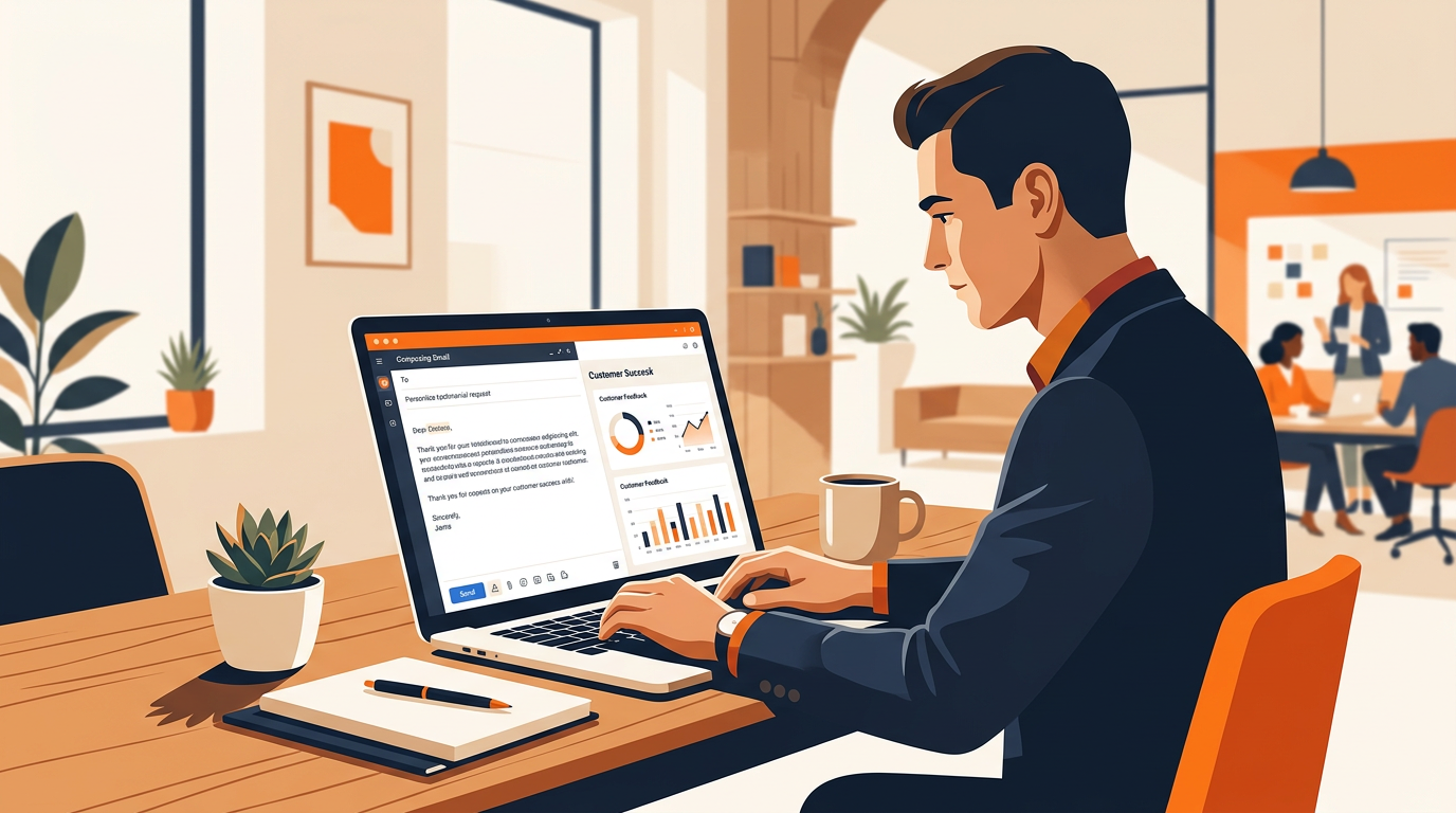 A professional composing a personalized testimonial request email on a laptop, with a friendly warm-toned workspace and a customer success dashboard visible on screen