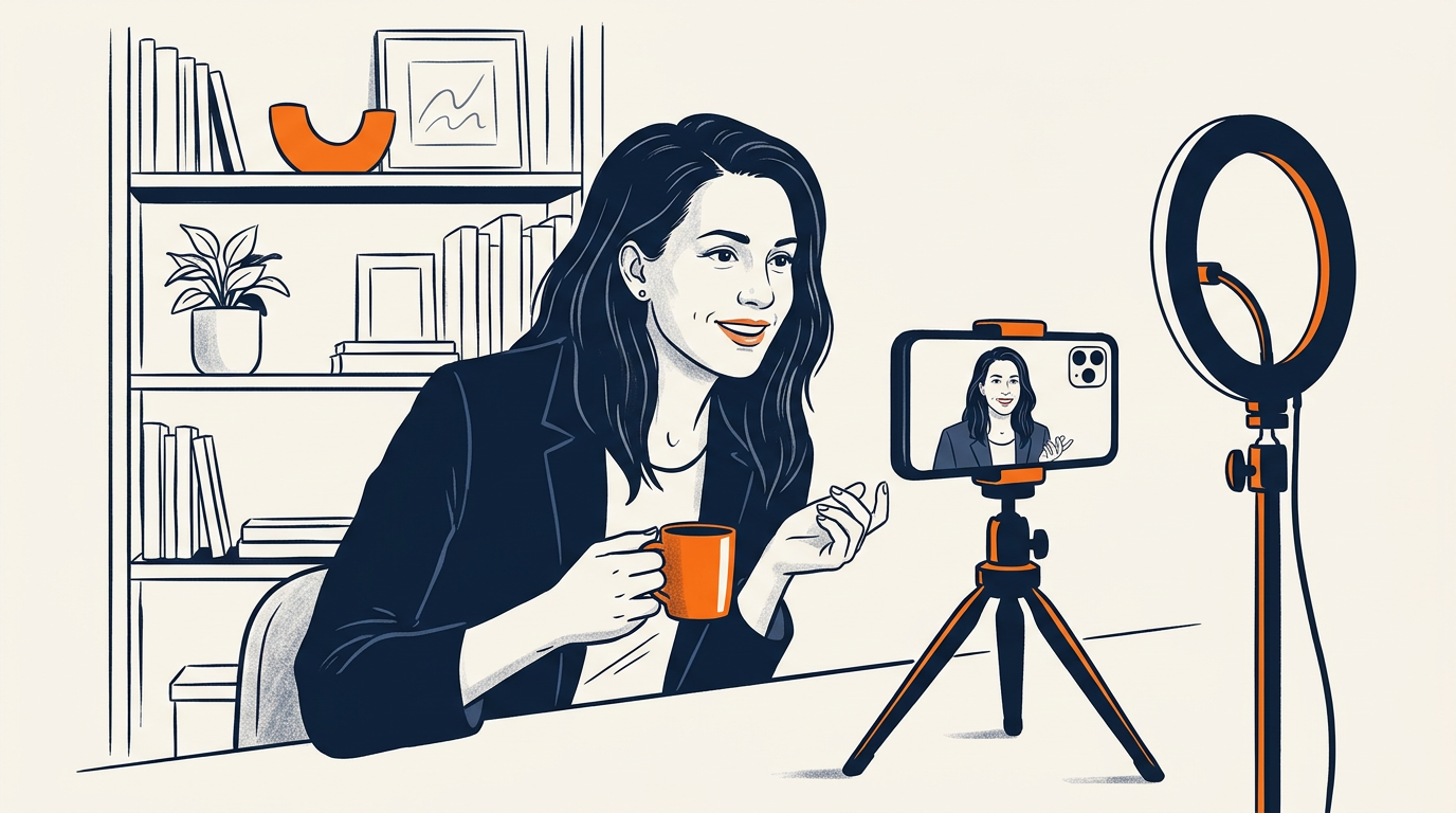 A customer recording a casual video testimonial on their phone in a well-lit home office, smiling naturally at the camera with a ring light and simple backdrop