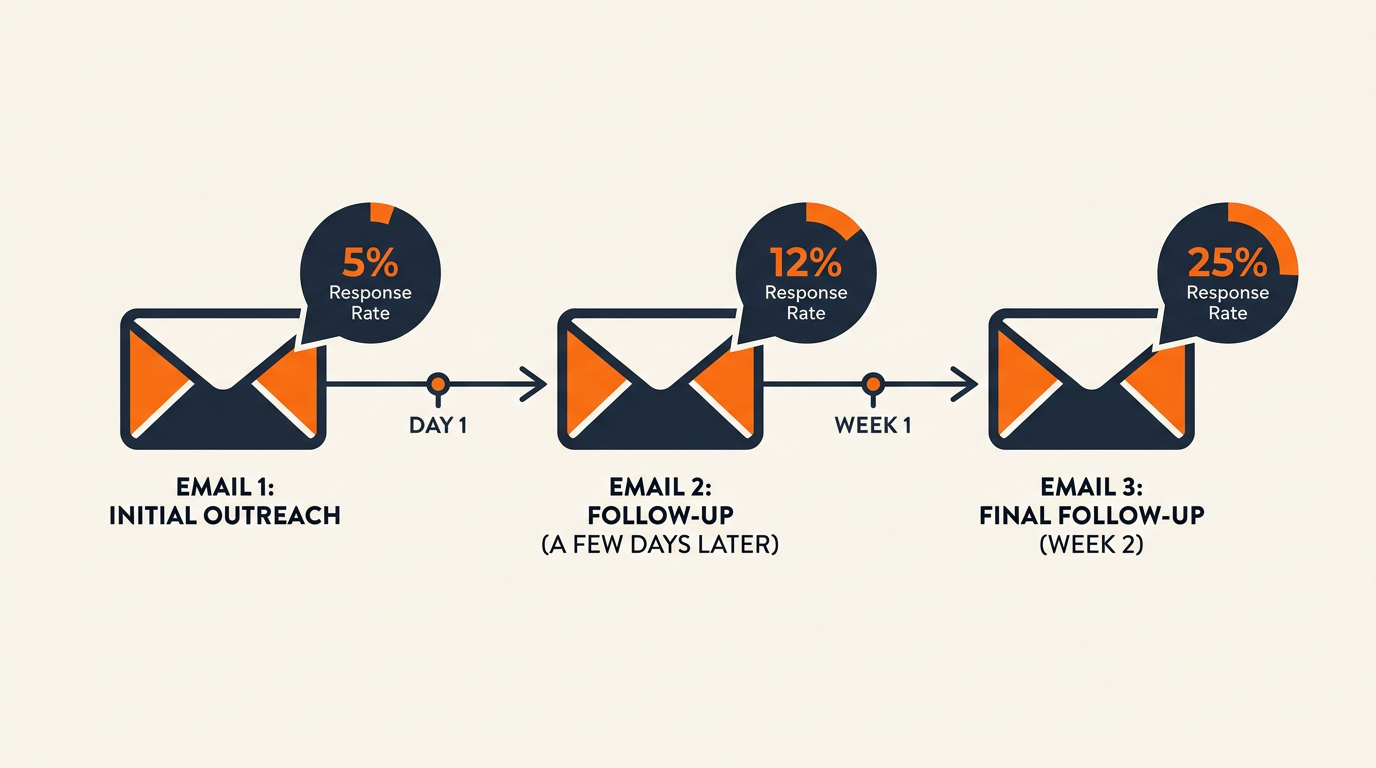 An elegant email sequence timeline showing three follow-up messages spaced across two weeks, displayed as a horizontal flow diagram with envelope icons and response rate percentages at each step
