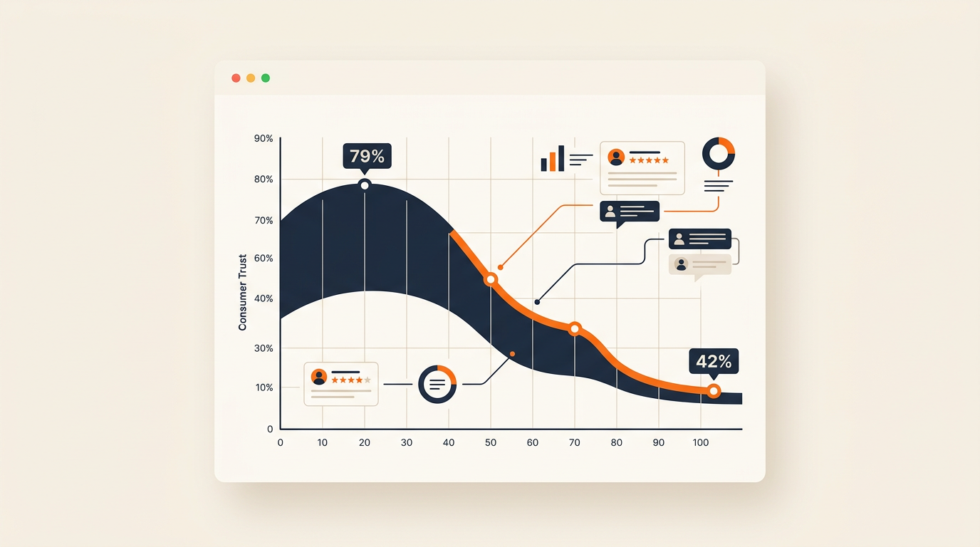 A sophisticated data visualization showing the decline of consumer trust in online reviews from 79% to 42%, depicted as a dramatic downward curve on a clean dashboard with warm cream background and navy data lines
