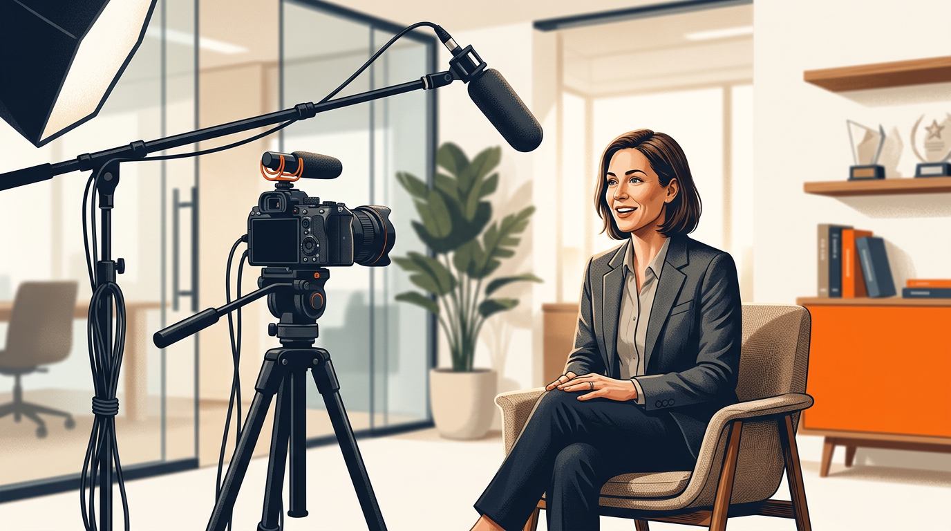 A professional video recording setup in a modern office with a customer seated in front of a camera giving a testimonial, warm natural lighting, shallow depth of field