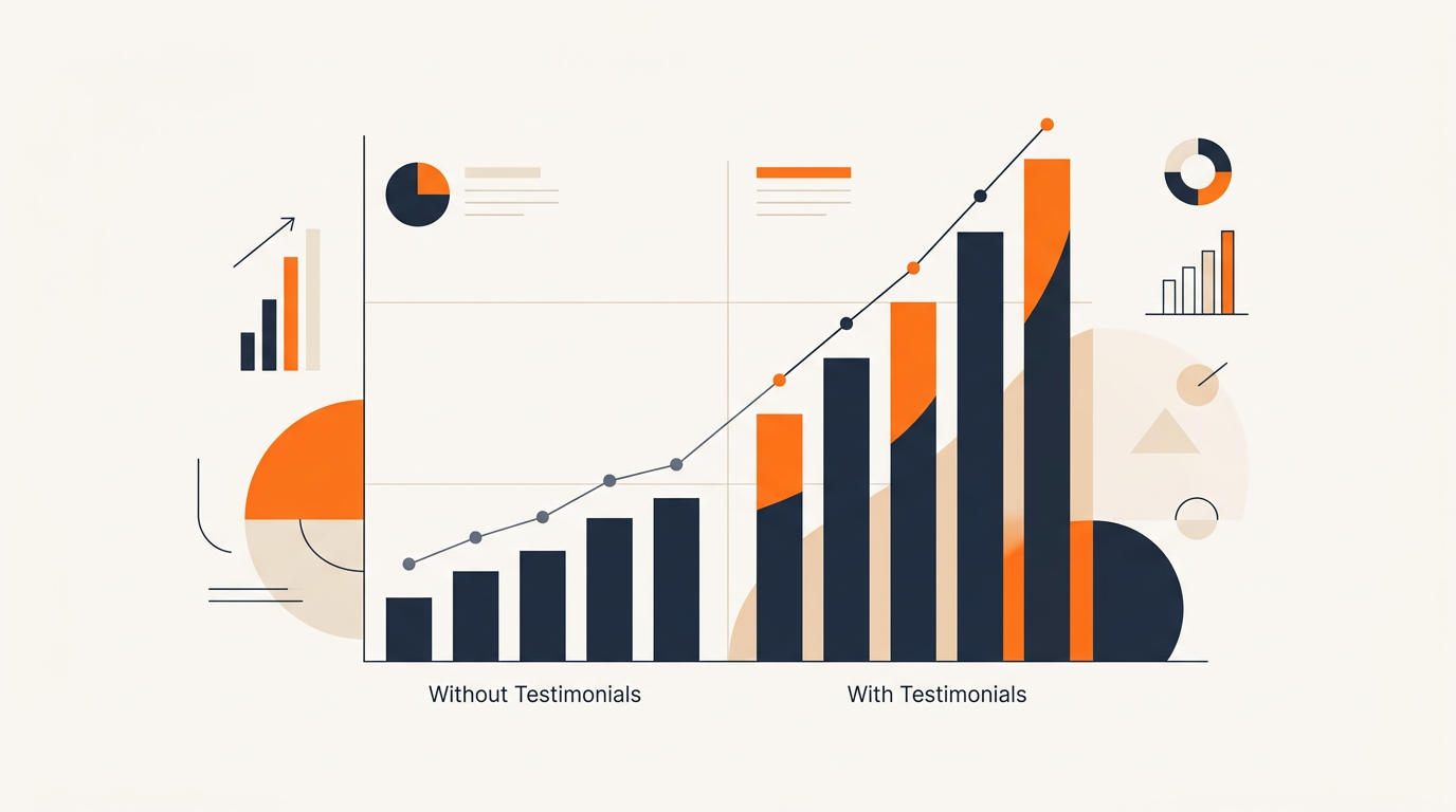 An elegant infographic showing the revenue multiplier effect of customer reviews, with upward trending bar charts comparing businesses with and without testimonials, using cream background with navy bars and orange accent highlights