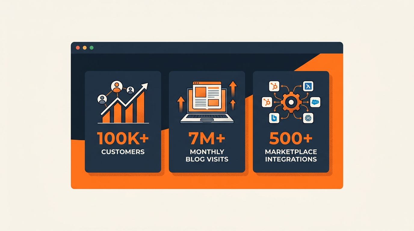 HubSpot homepage statistics section showing customer count, blog visits, and marketplace integrations