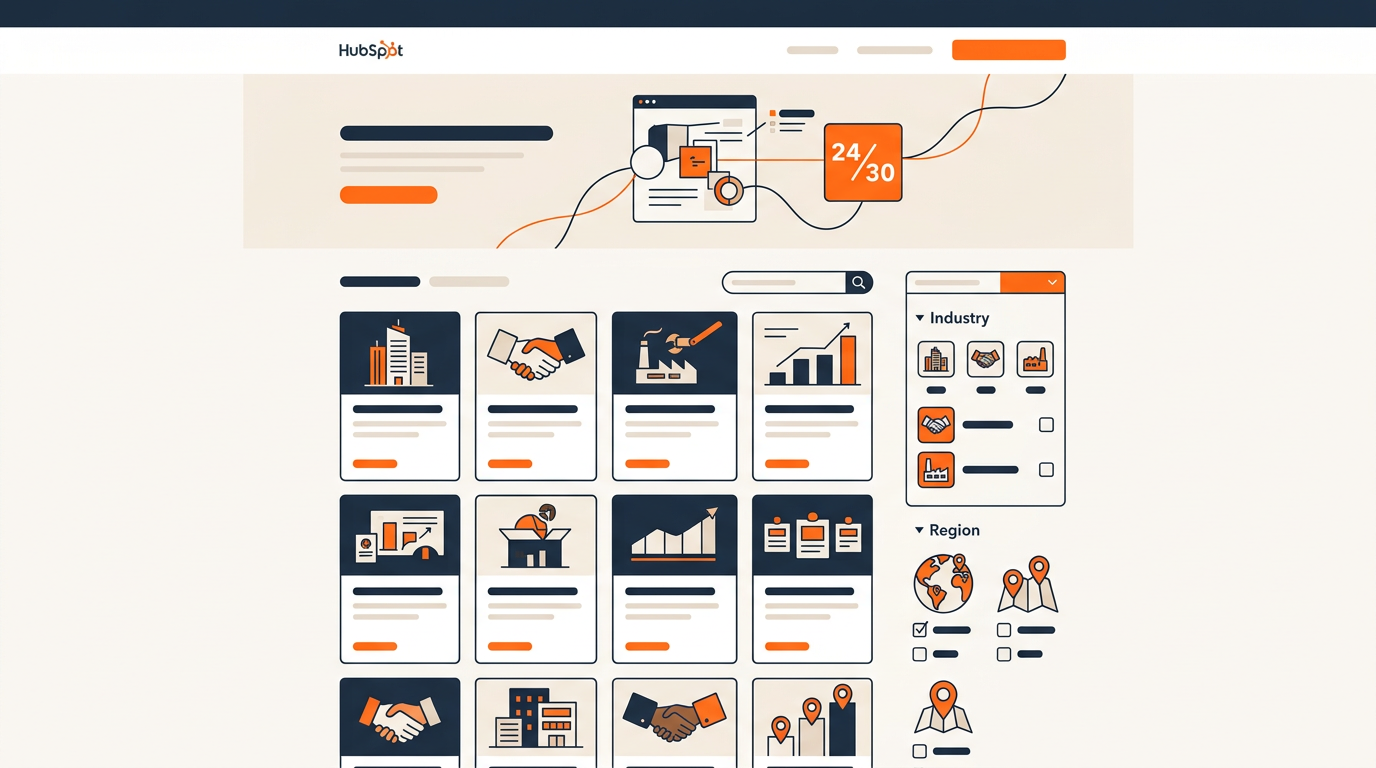 HubSpot case study directory page showing filterable grid with industry and region options