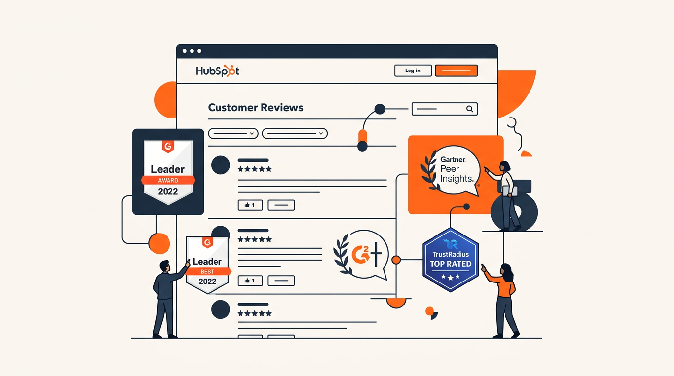HubSpot's customer reviews page showing G2, Gartner, and TrustRadius awards and badges