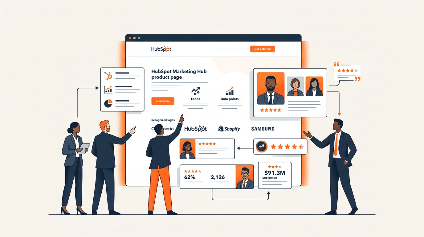 HubSpot Marketing Hub product page showing feature sections and customer trust indicators